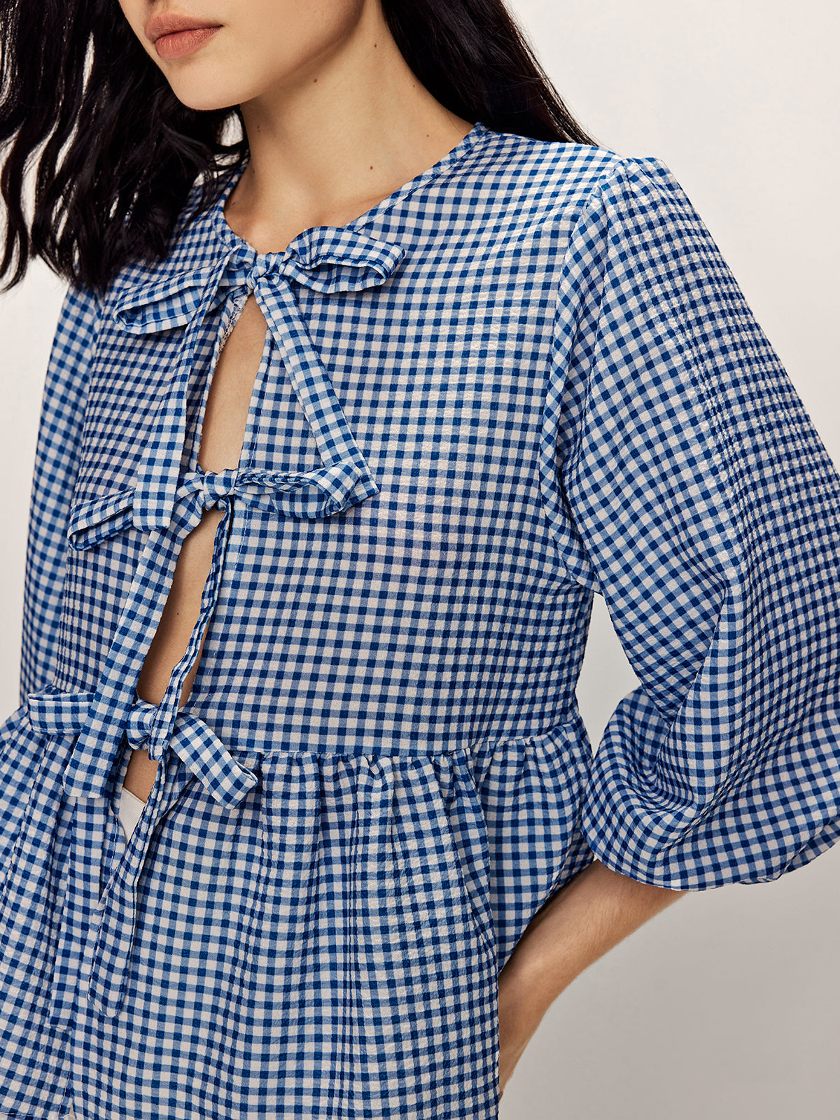 Blue Gingham Bağcık Detaylı Bluz