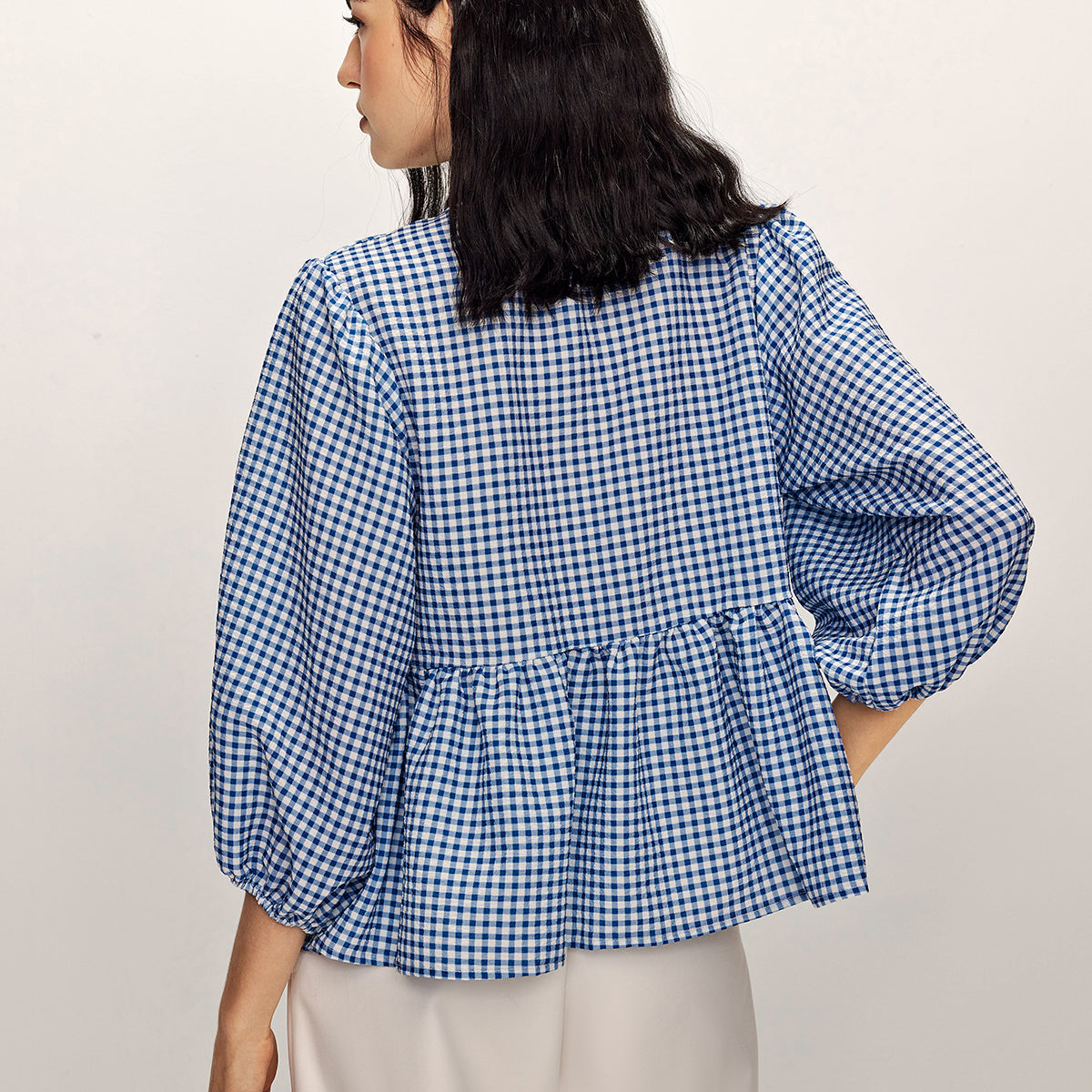 Blue Gingham Bağcık Detaylı Bluz