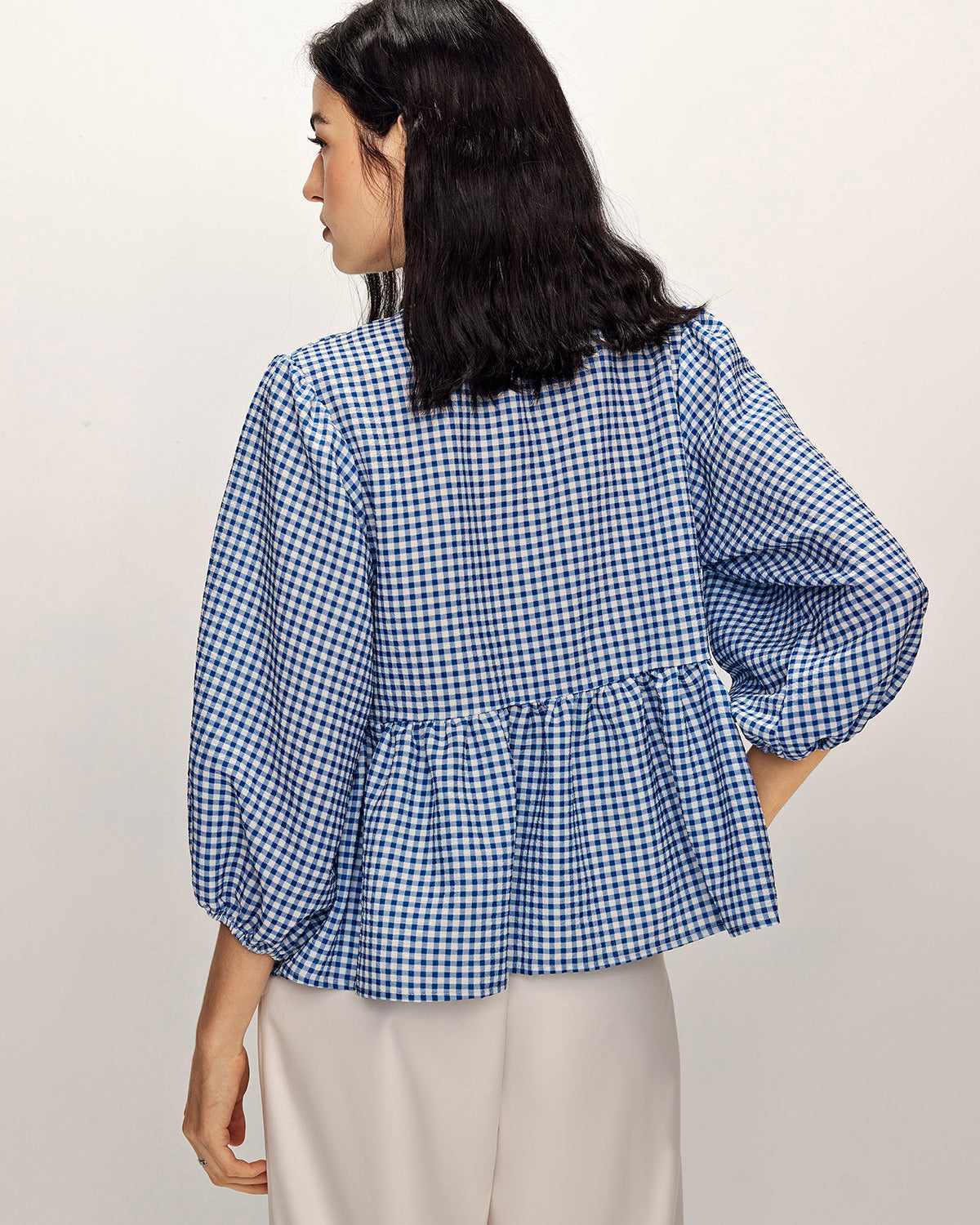 Blue Gingham Bağcık Detaylı Bluz