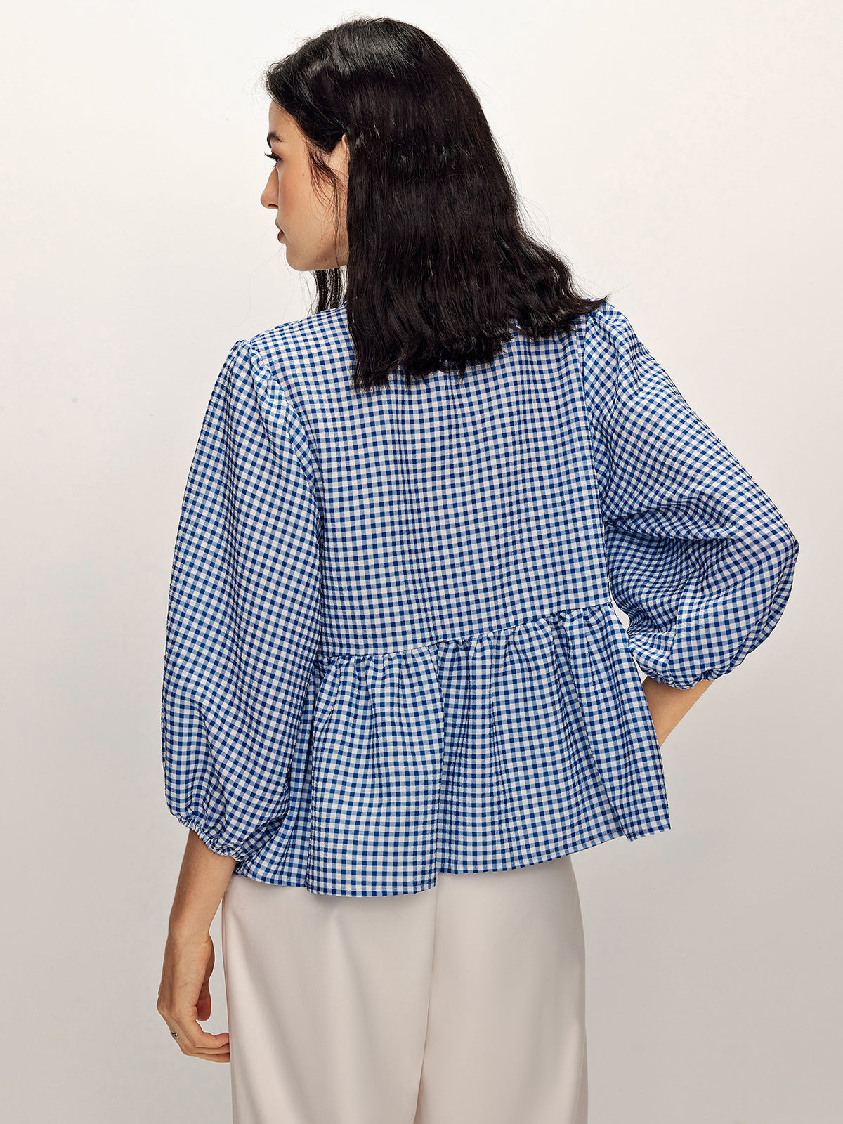Blue Gingham Bağcık Detaylı Bluz