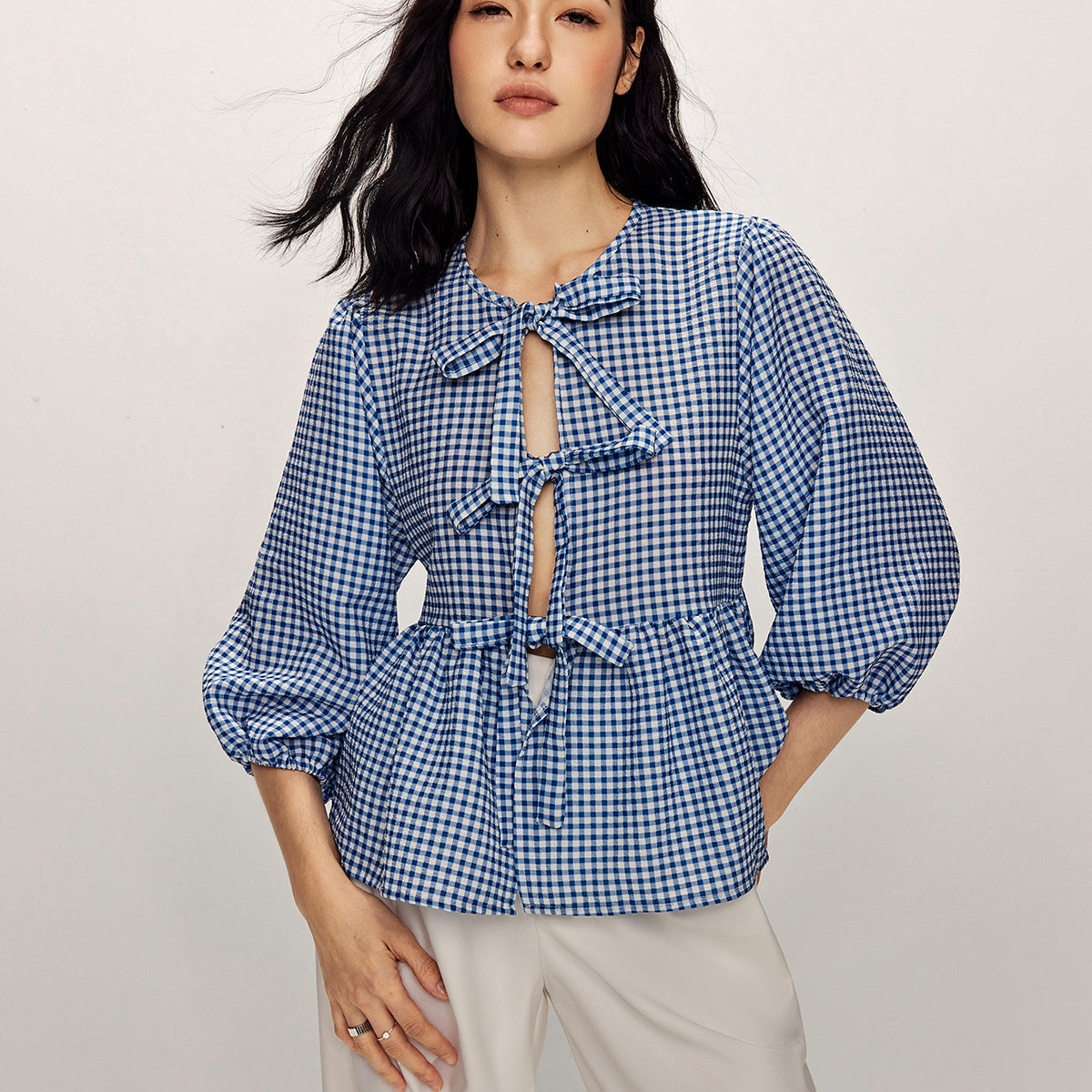 Blue Gingham Bağcık Detaylı Bluz