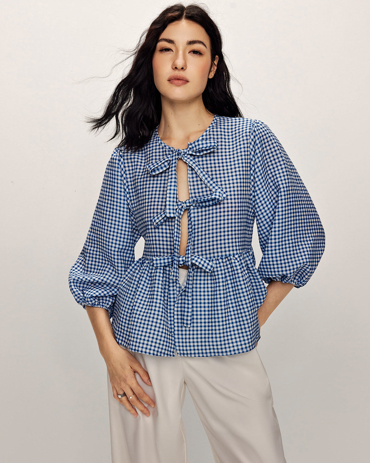 Blue Gingham Bağcık Detaylı Bluz