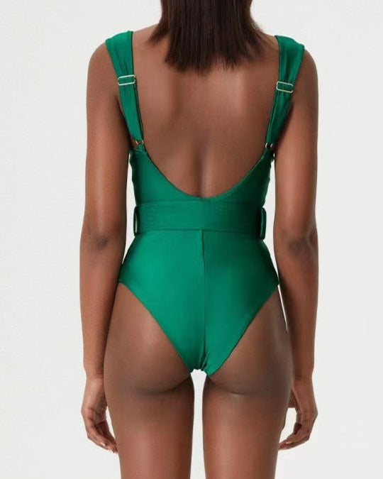 Yeşil V Yaka Askılı Bikini Kuşaklı Yüksek Bel Mayo