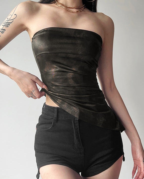 Straplez Sedefli Crop Bluz