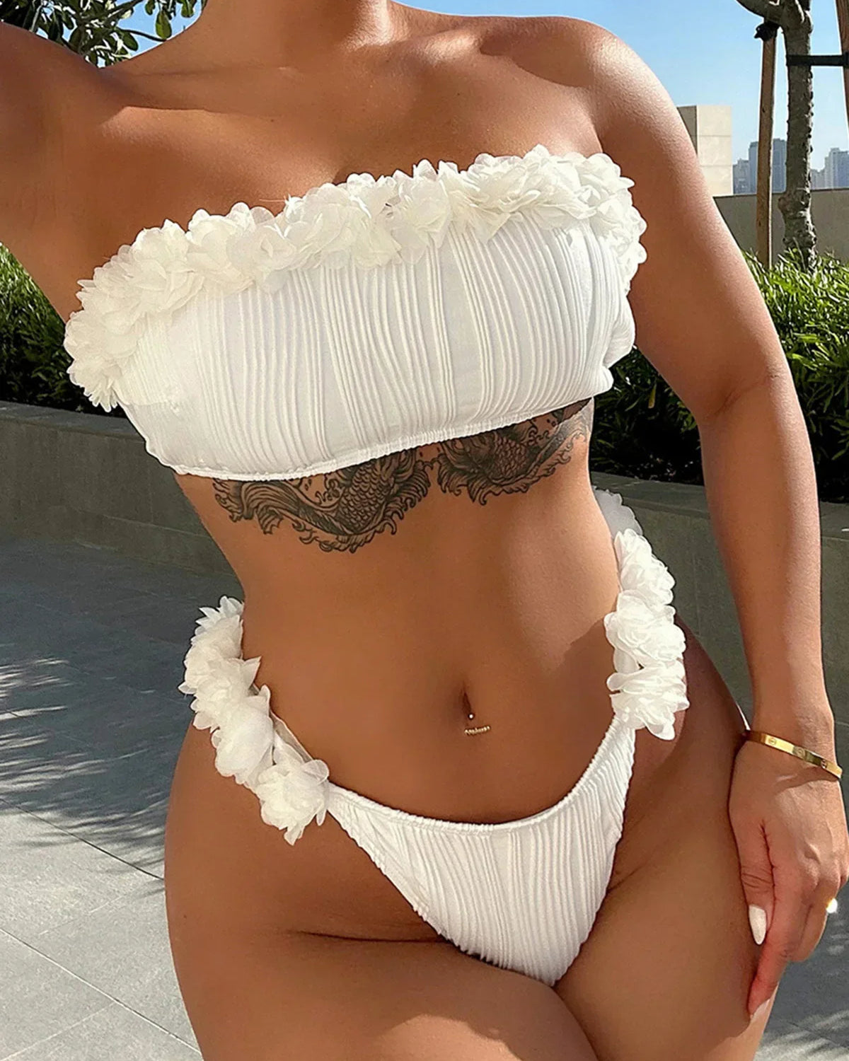 Bandeau Fırfırlı Buruşuk Bikini Takımı