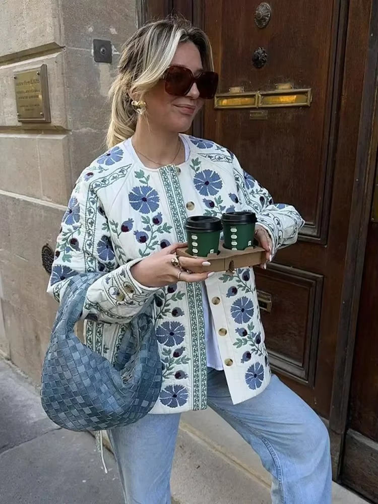 Blau Floral Dantel Detaylı Patchwork Ceket