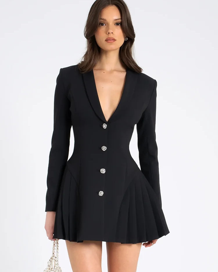 V Yaka Pileli Blazer Mini Elbise