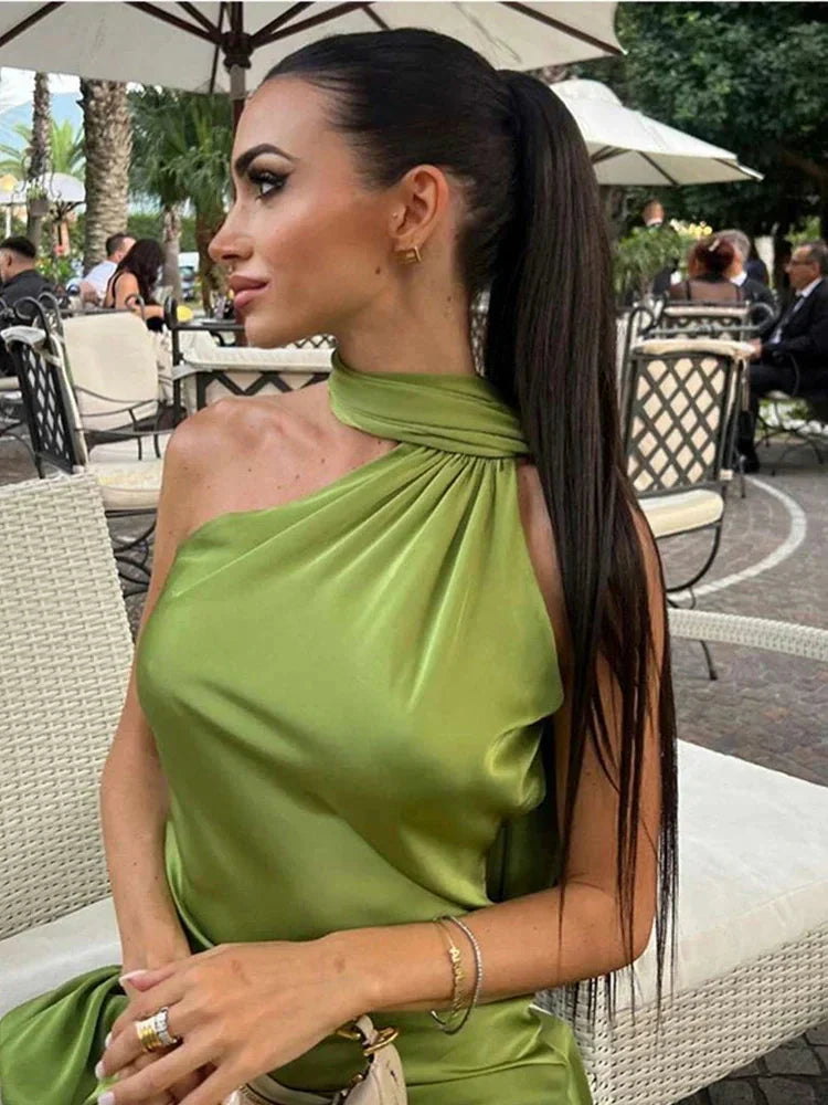 Zümrüt Saten Maksi Elbise