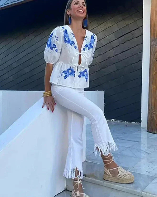 Çiçekli Fiyonk Peplum Bluz