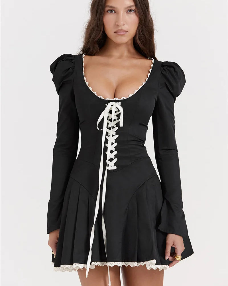 Fransız Model Bağcık Detay Mini Elbise