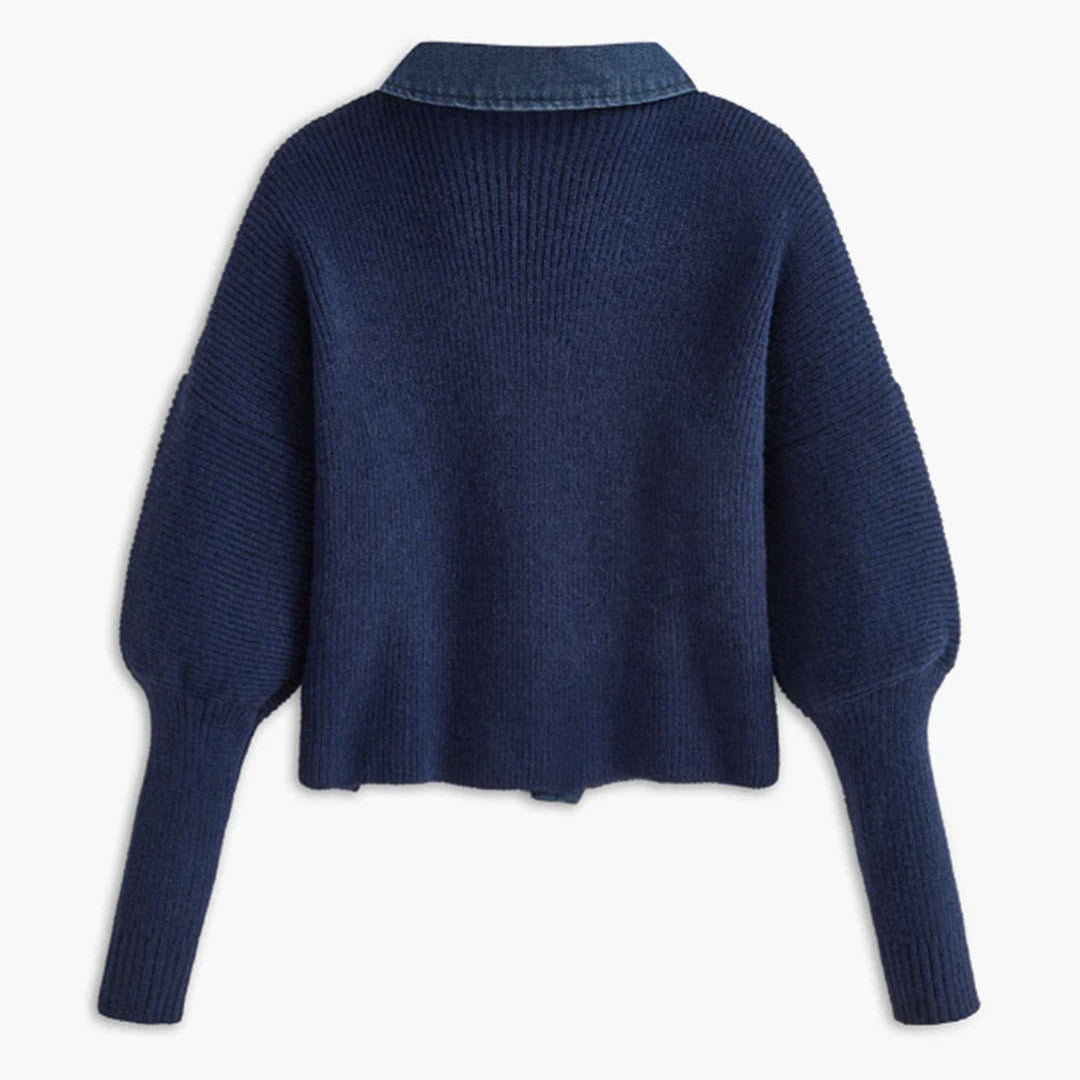 Denim Gömlek Yaka Düğmeli Kazak Hırka