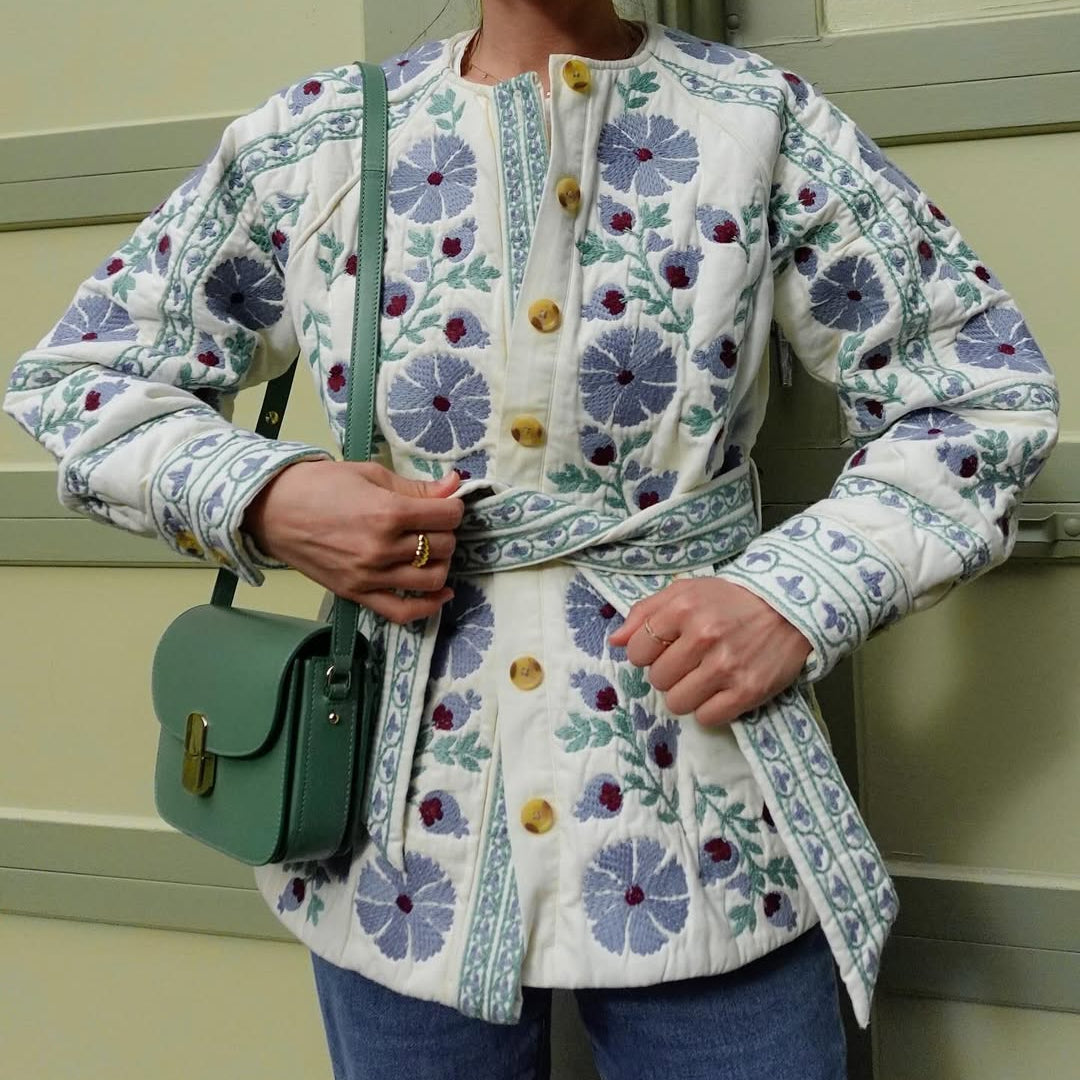 Blau Floral Dantel Detaylı Patchwork Ceket